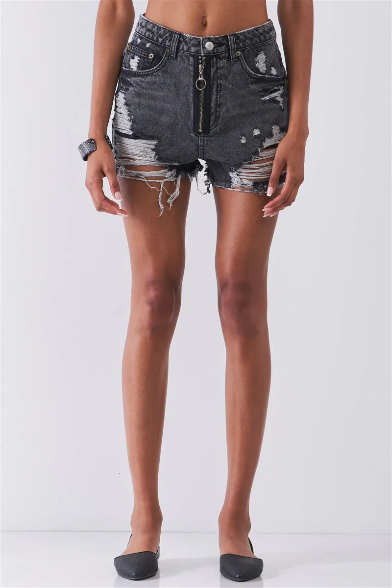 High-waist Front Detail Distressed Black Mini Shorts