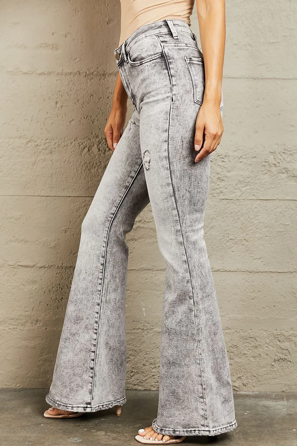 High Waisted Acid Wash Flare Jeans