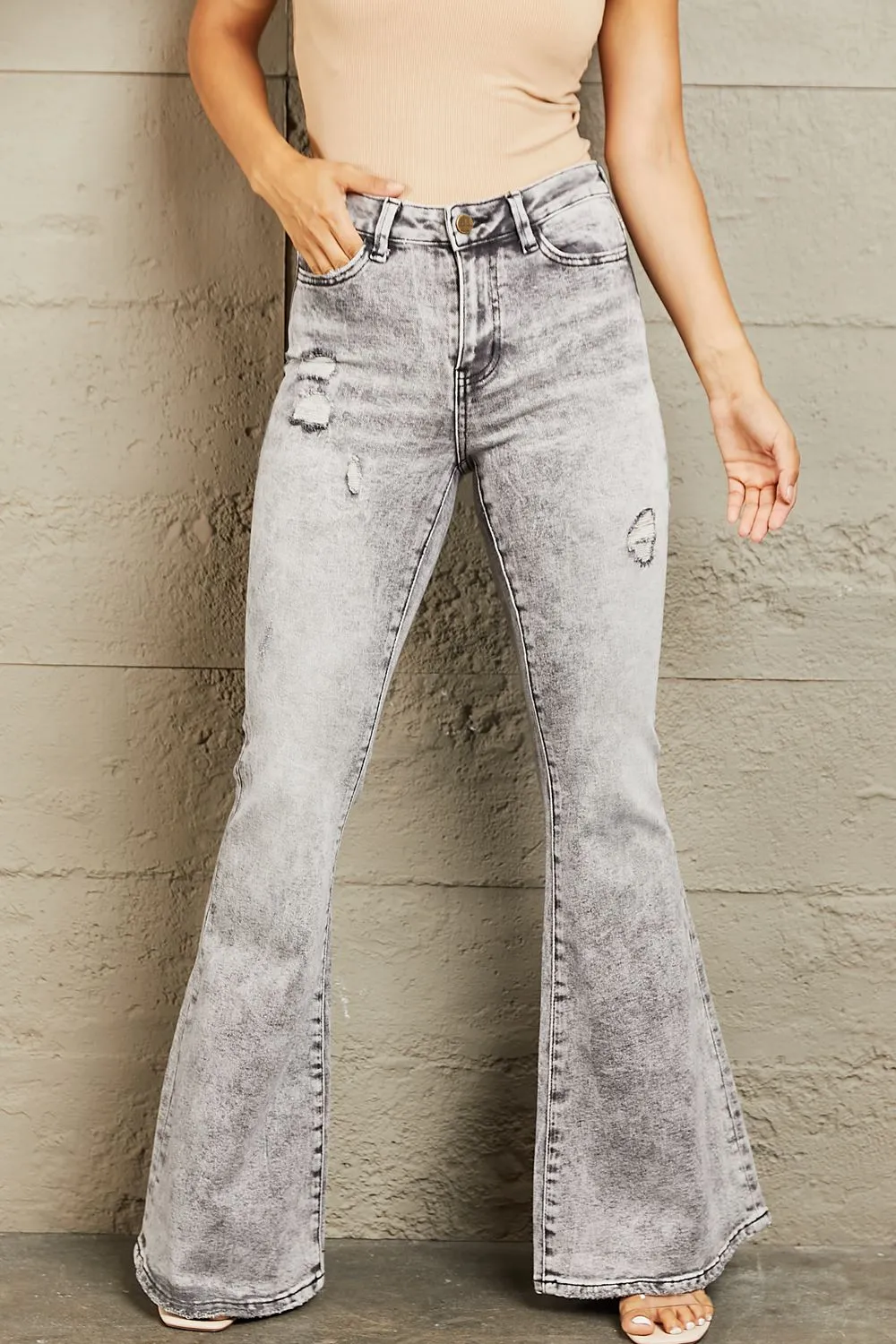 High Waisted Acid Wash Flare Jeans