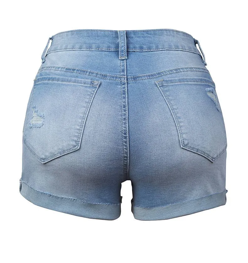 Mid-Rise Ripped Denim Shorts - Light Blue