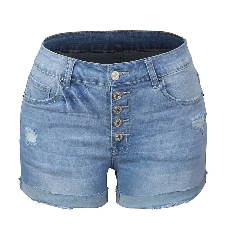 Mid-Rise Ripped Denim Shorts - Light Blue