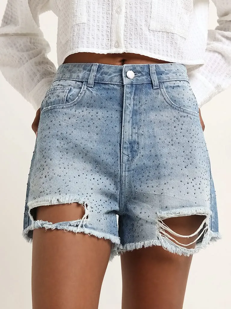 Nuon Blue Mid Rise Ripped Denim Shorts