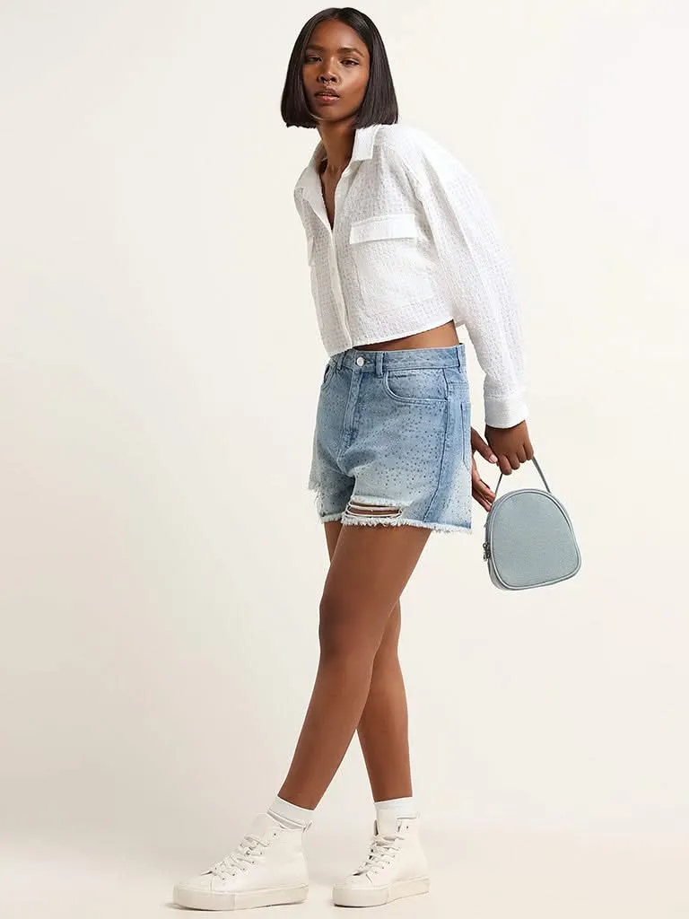 Nuon Blue Mid Rise Ripped Denim Shorts