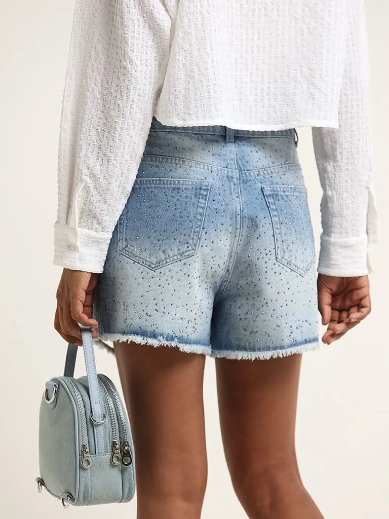 Nuon Blue Mid Rise Ripped Denim Shorts