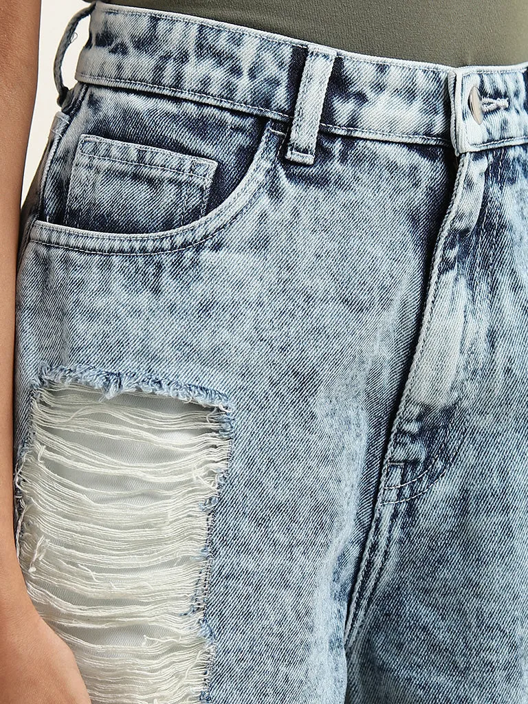 Nuon Blue Ripped High-Rise Denim Shorts