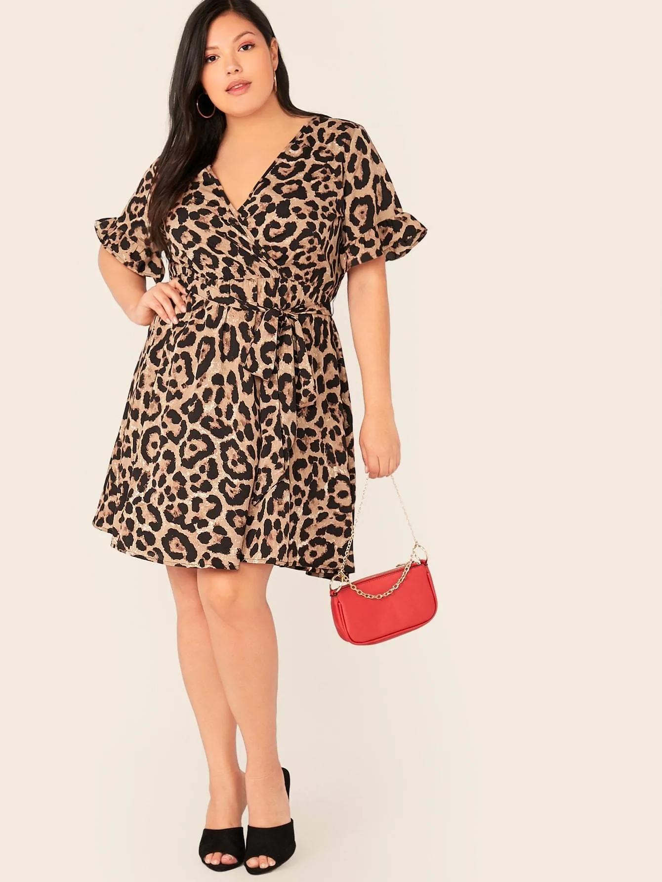 Plus Leopard Print Wrap Belted Flare Dress