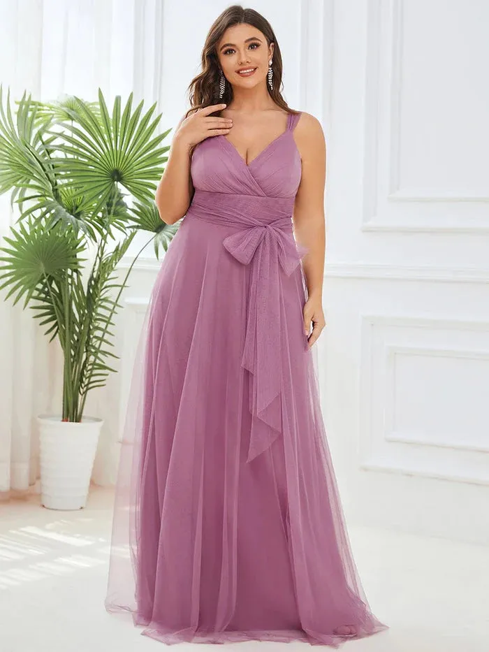 Plus Size Maxi Long Double V Neck Tulle Bridesmaid Dresses