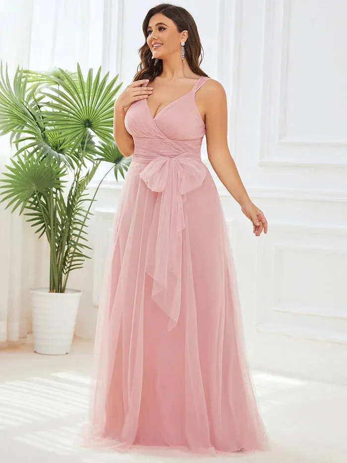 Plus Size Maxi Long Double V Neck Tulle Bridesmaid Dresses