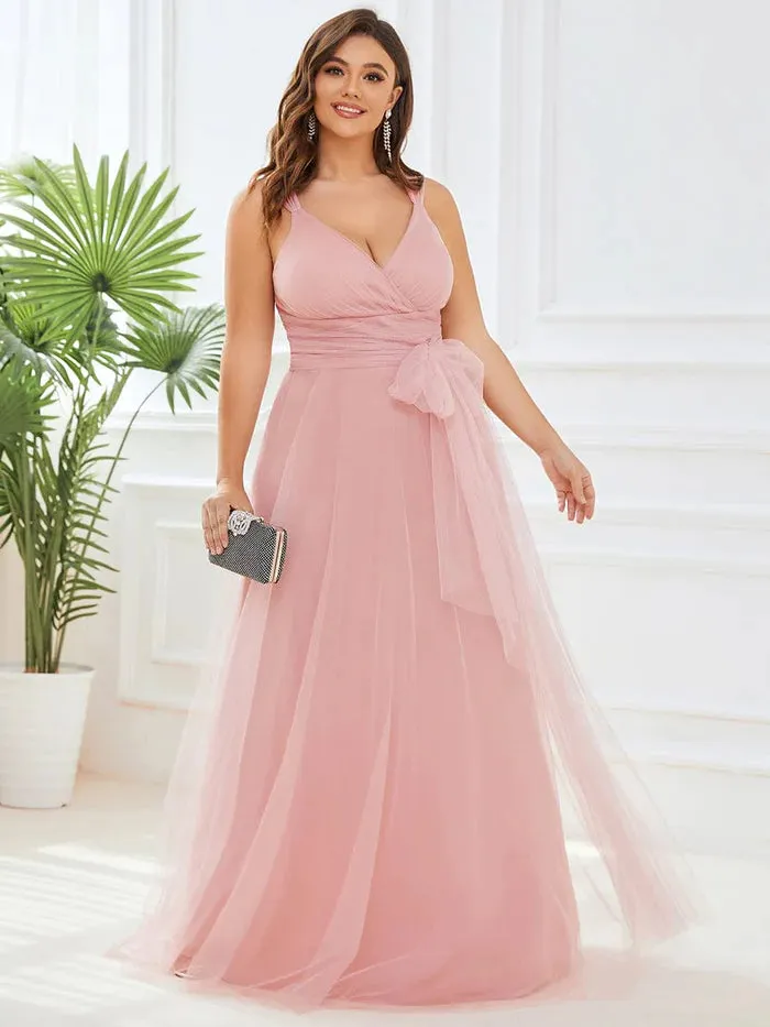 Plus Size Maxi Long Double V Neck Tulle Bridesmaid Dresses