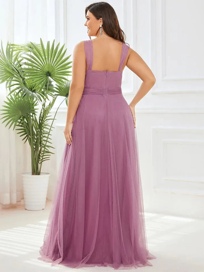 Plus Size Maxi Long Double V Neck Tulle Bridesmaid Dresses