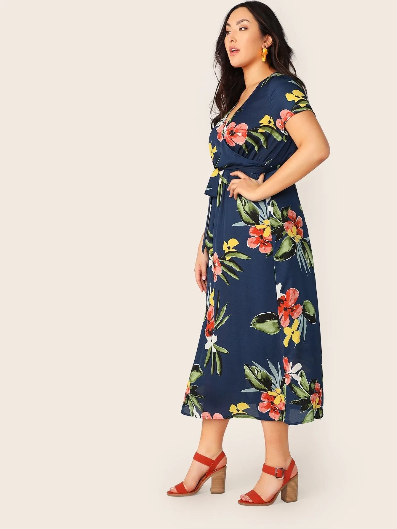 Plus Surplice Wrap Belted Floral Dress