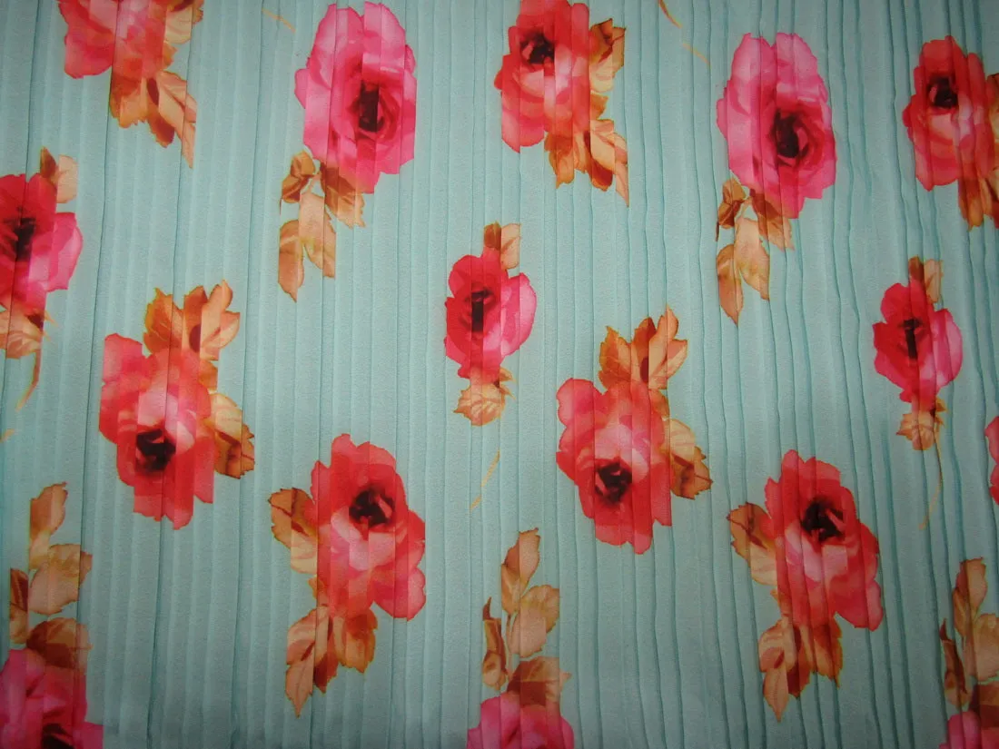 Polyester Pleated Printed Georgette Mint Blue Fabric ~ 44'' wide