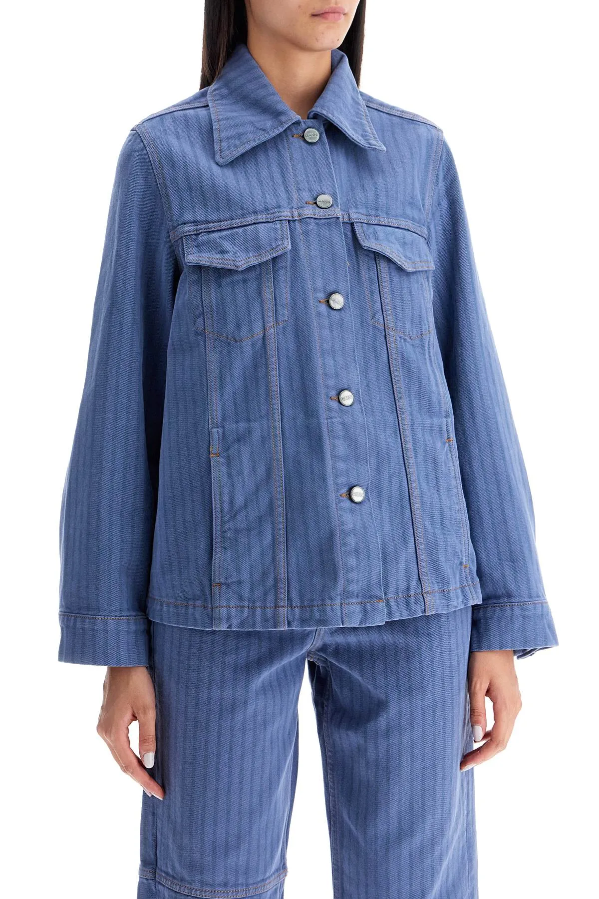 "striped overdyed denim jacket