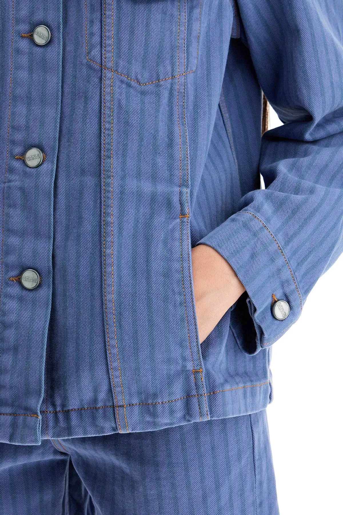 "striped overdyed denim jacket