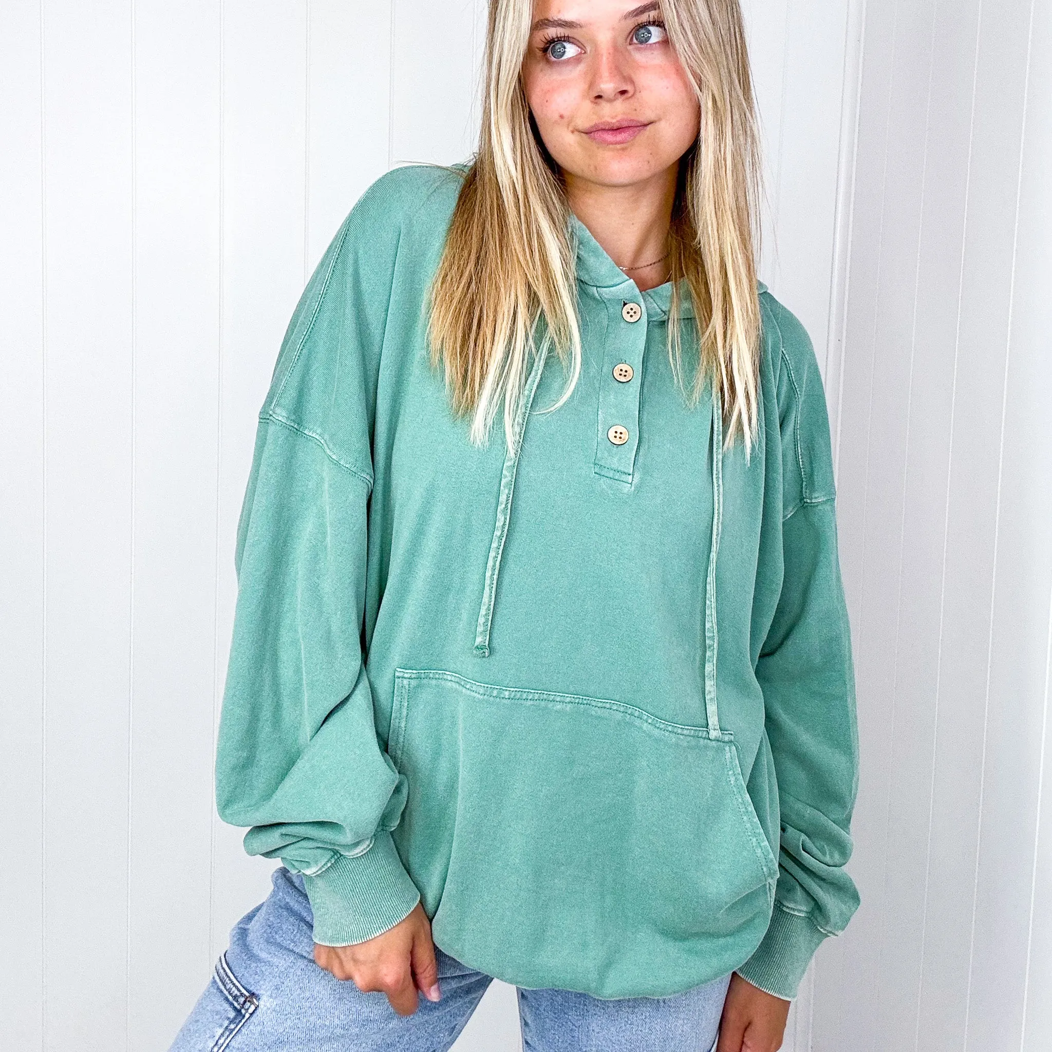 Relaxed in Peace Washed Pocket Long Sleeve Hoodies in 4 Colors