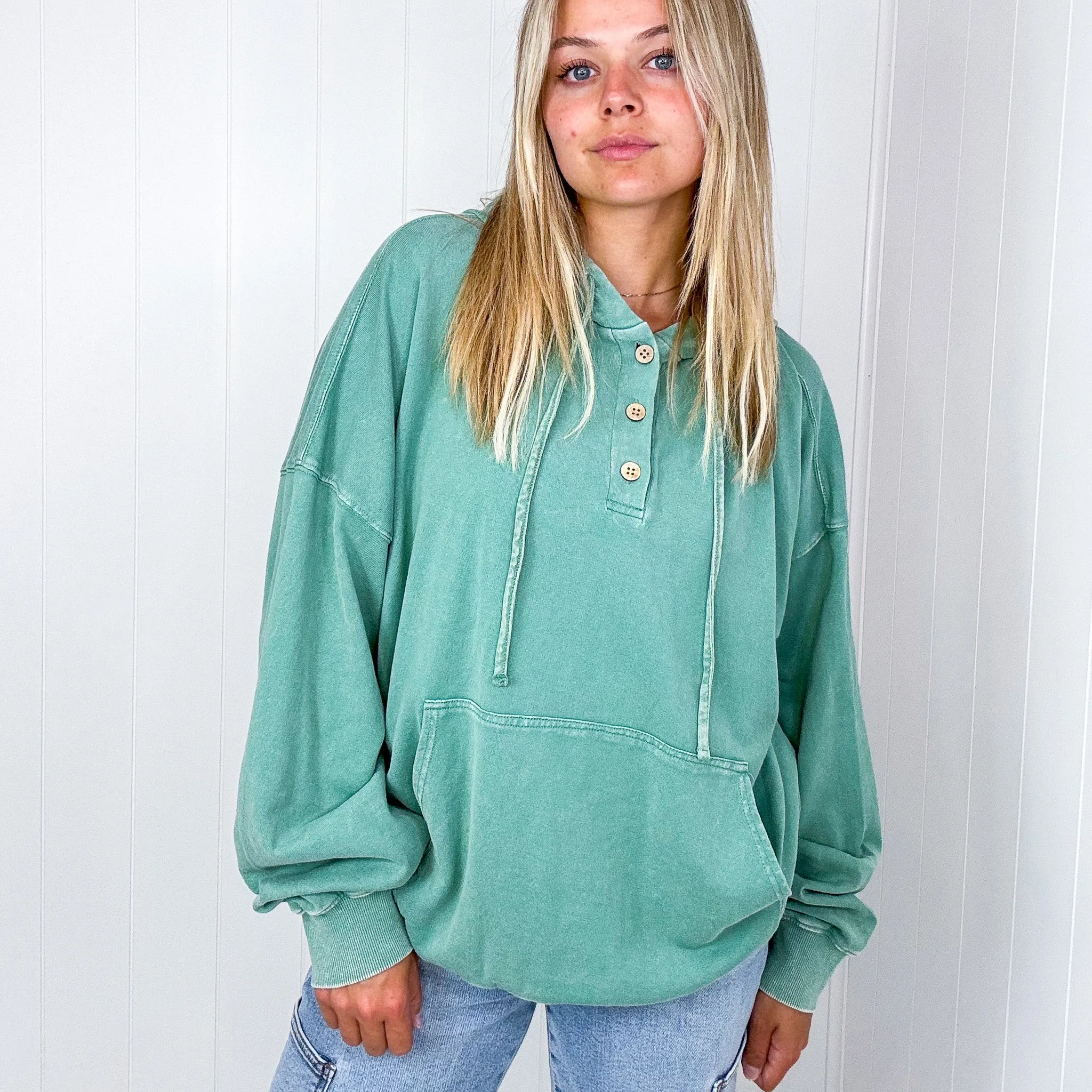 Relaxed in Peace Washed Pocket Long Sleeve Hoodies in 4 Colors