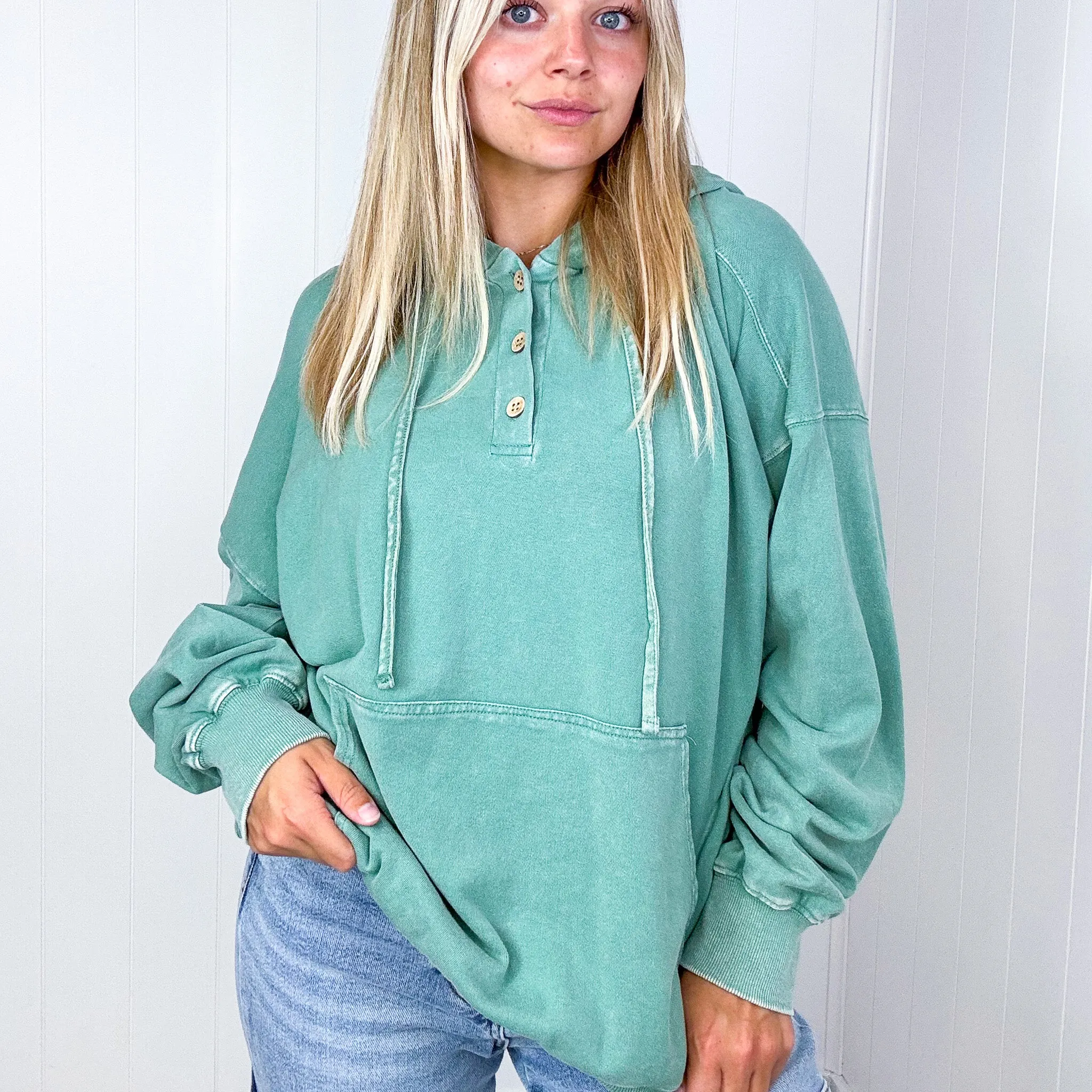 Relaxed in Peace Washed Pocket Long Sleeve Hoodies in 4 Colors