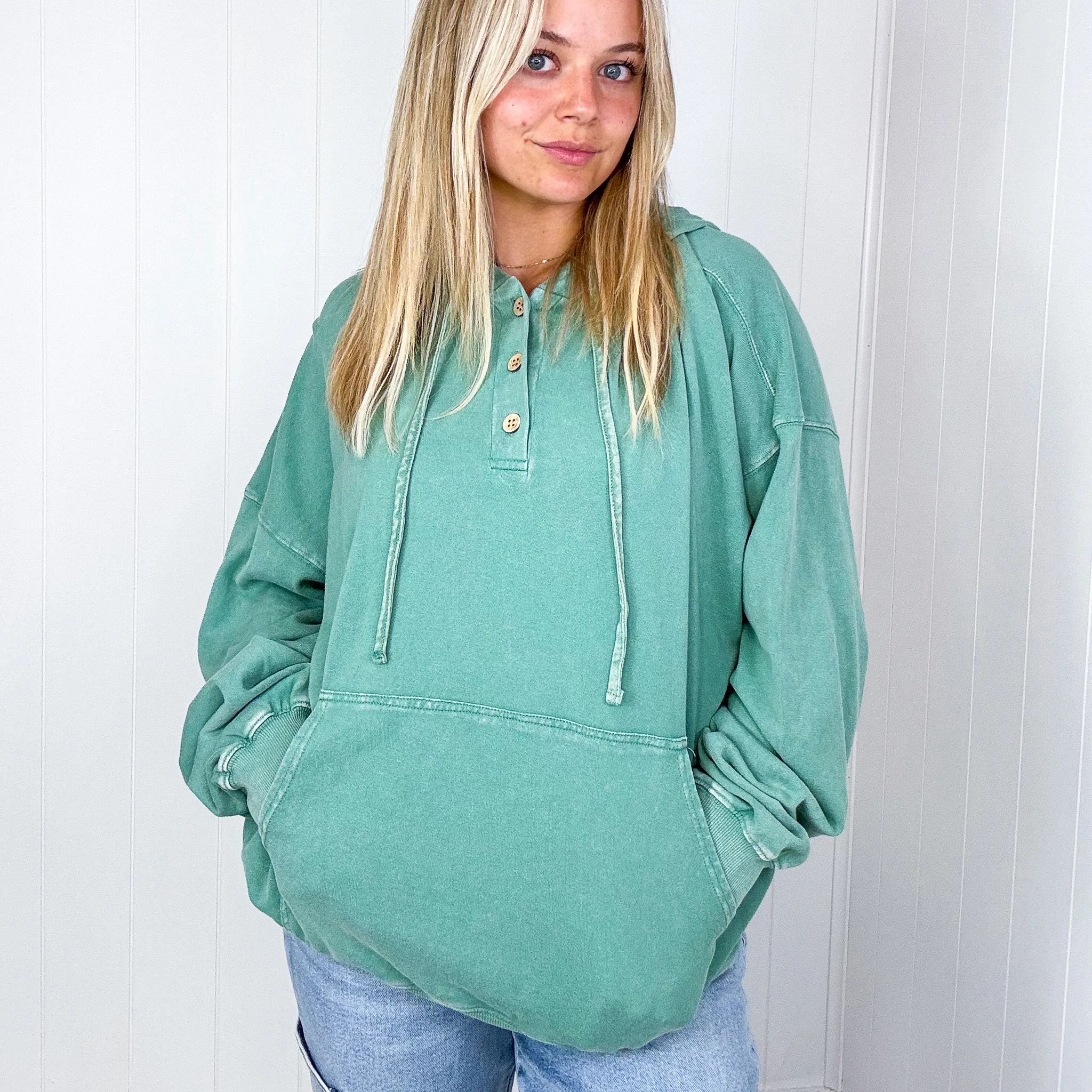 Relaxed in Peace Washed Pocket Long Sleeve Hoodies in 4 Colors