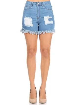 Ripped denim shorts with cut-off frayed hem