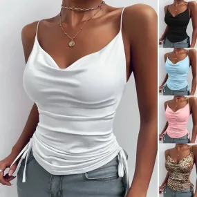 Tank Top V Neck Camisole Cami Drawstring Spaghetti Strap Top