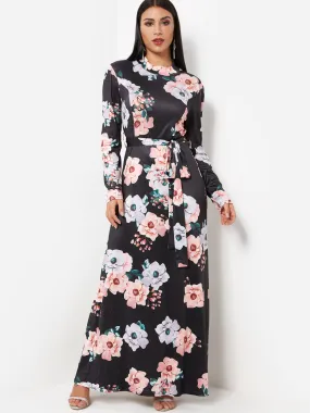 Wholesale Black Round Neck Long Sleeve Floral Print Zip Back Maxi Dress