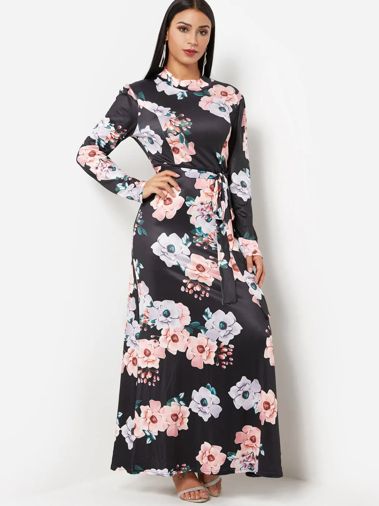 Wholesale Black Round Neck Long Sleeve Floral Print Zip Back Maxi Dress