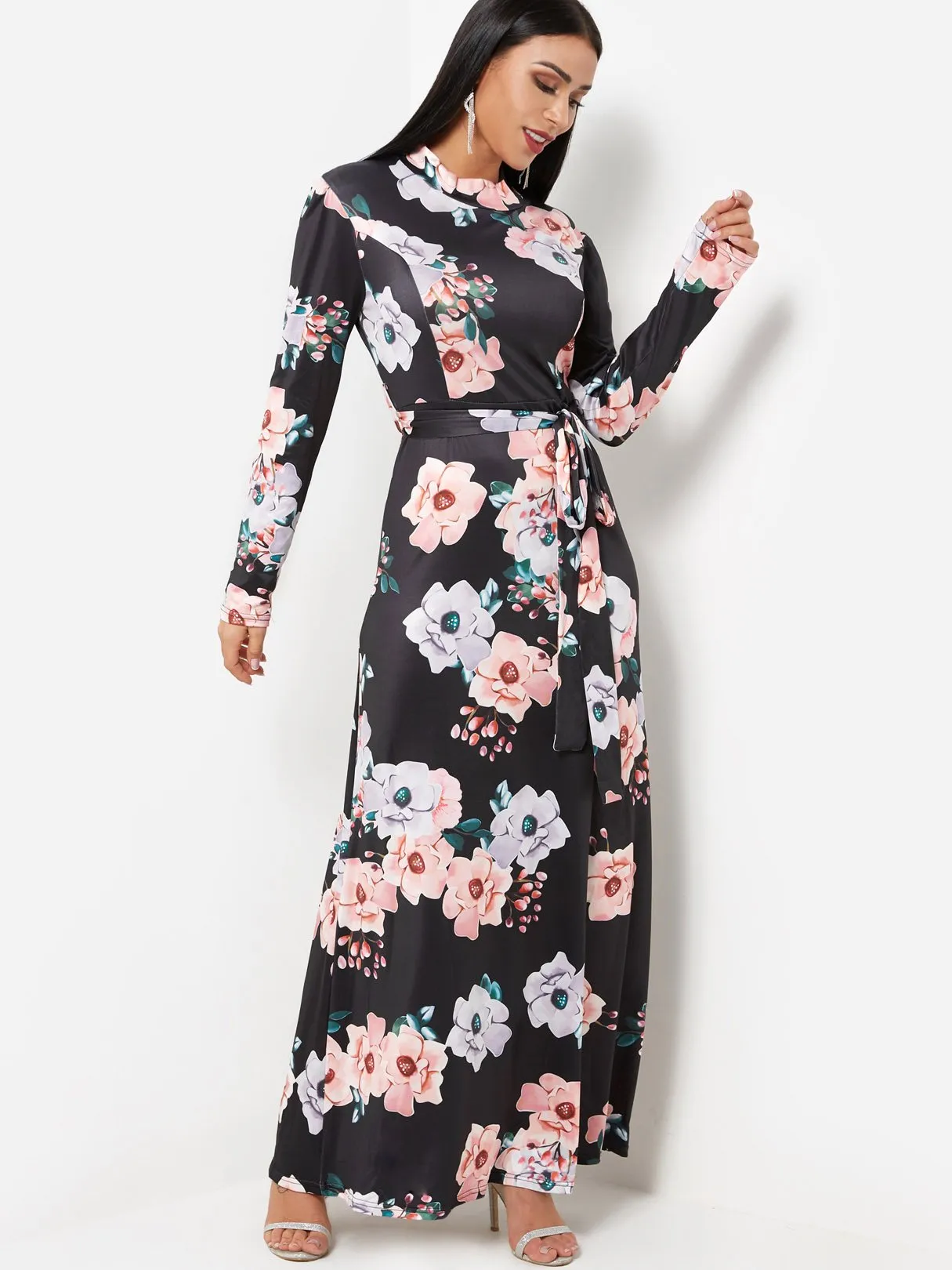 Wholesale Black Round Neck Long Sleeve Floral Print Zip Back Maxi Dress