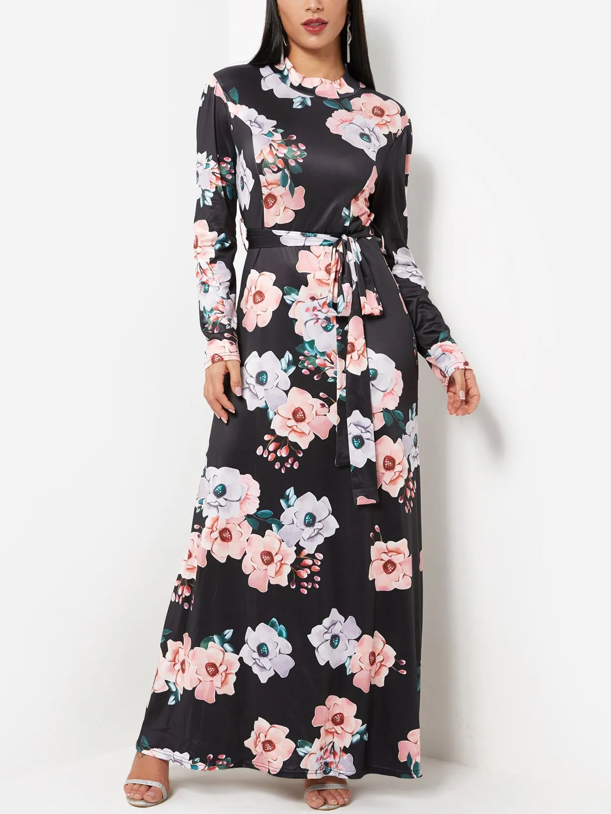 Wholesale Black Round Neck Long Sleeve Floral Print Zip Back Maxi Dress