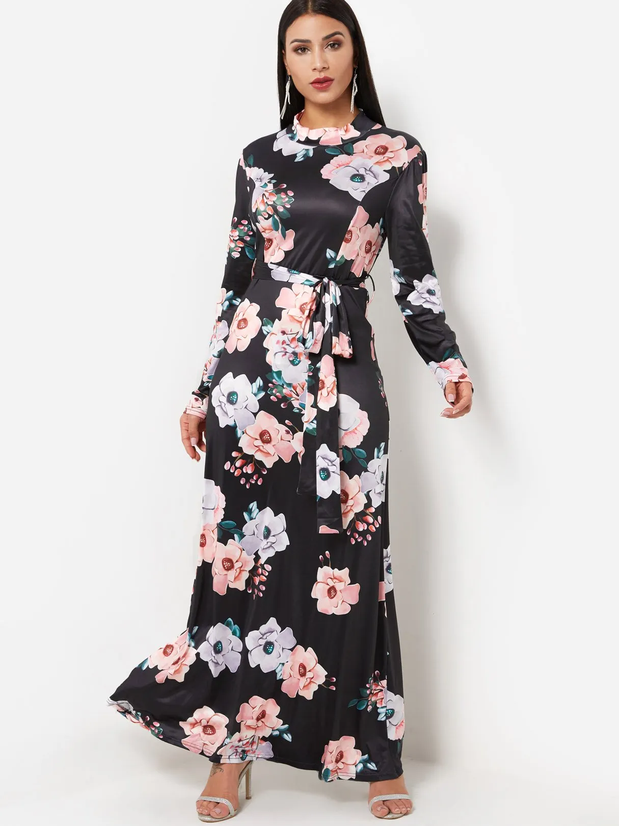 Wholesale Black Round Neck Long Sleeve Floral Print Zip Back Maxi Dress