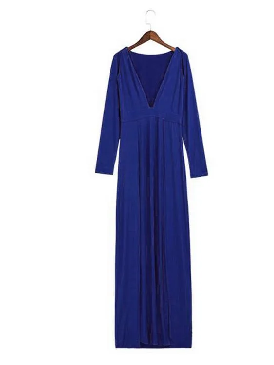 Wholesale Blue V-Neck Long Sleeve Irregular Hem Maxi Dress