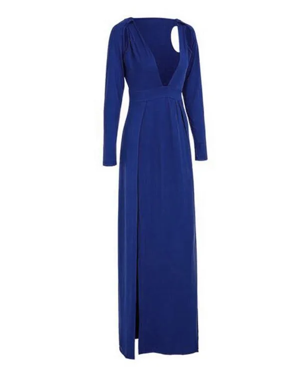 Wholesale Blue V-Neck Long Sleeve Irregular Hem Maxi Dress