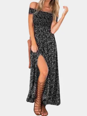 Wholesale Off The Shoulder Short Sleeve Floral Print Slit Hem Maxi Dresses