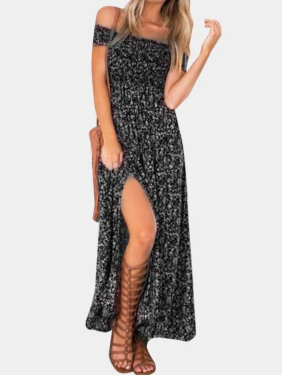 Wholesale Off The Shoulder Short Sleeve Floral Print Slit Hem Maxi Dresses