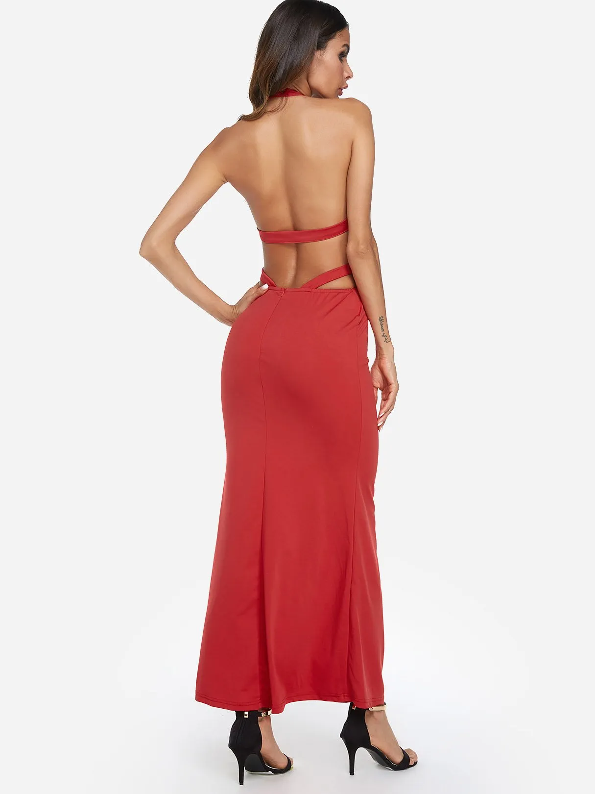 Wholesale Red Halter Deep V Neck Sleeveless Plain Backless Maxi Dress