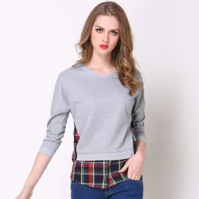 Wjczt Spring Autumn Hoodies for Women Gray Plaid Patchwork Fake 2 Pieces Top Female Leisure Sweatshirt S-5XL Size