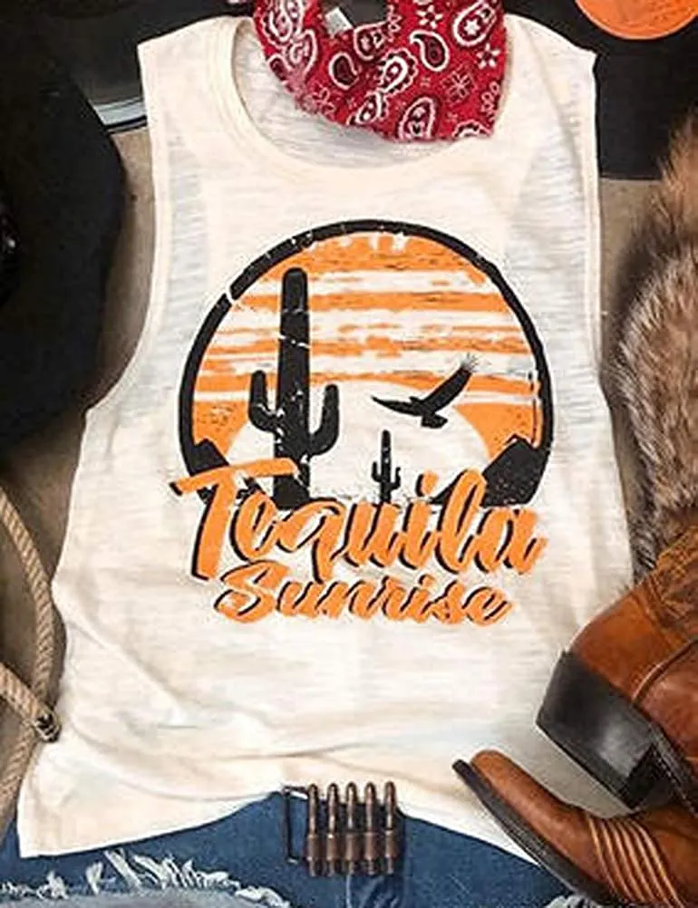 Women Tequila Sunrise Tank Top Retro Cactus Shirt