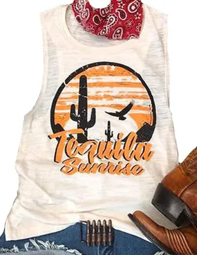 Women Tequila Sunrise Tank Top Retro Cactus Shirt