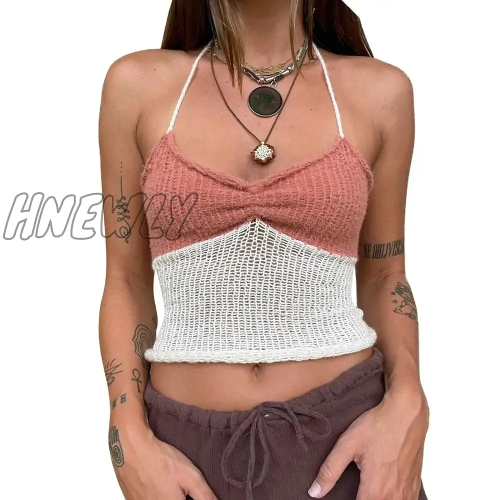 Women’s Halter Crop Cami Tops, Sleeveless Contrast Color Slim Fit Ruched Knit Camisole