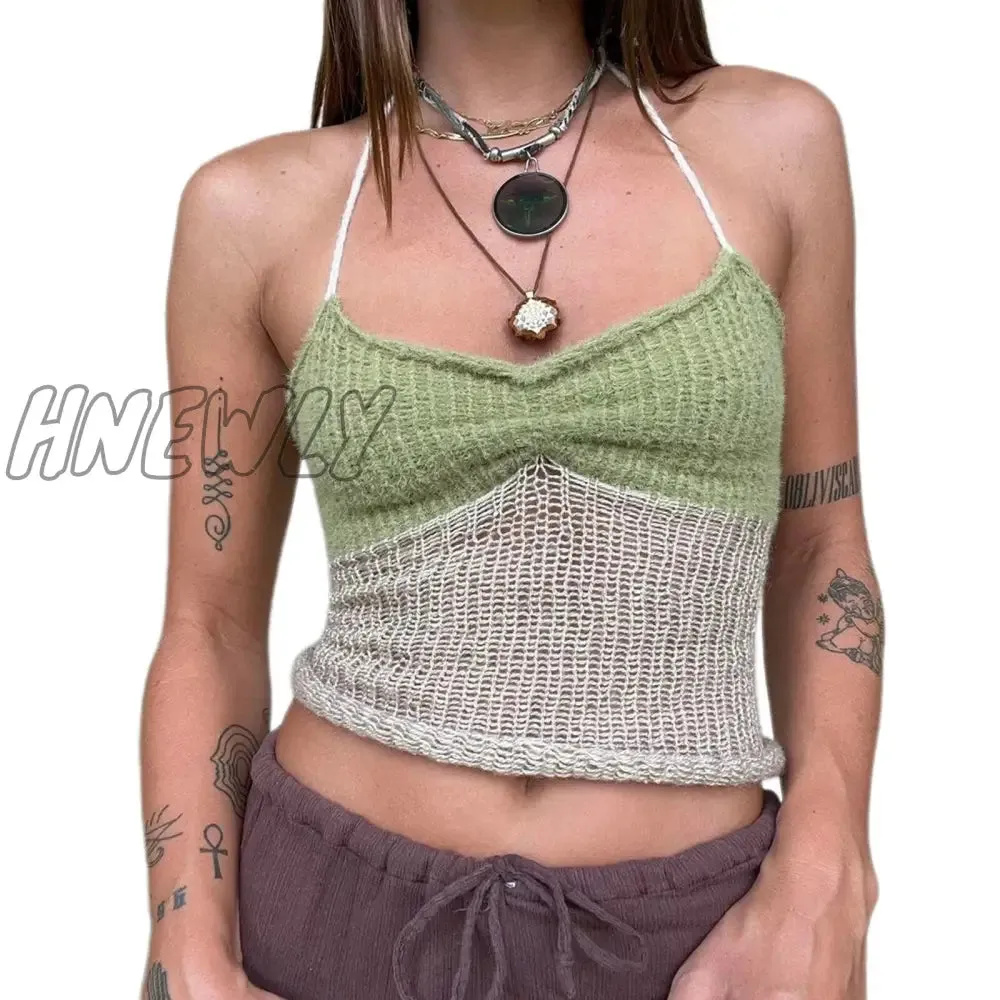 Women’s Halter Crop Cami Tops, Sleeveless Contrast Color Slim Fit Ruched Knit Camisole