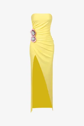 Yellow Ruched Strapless Maxi Dress with Slit