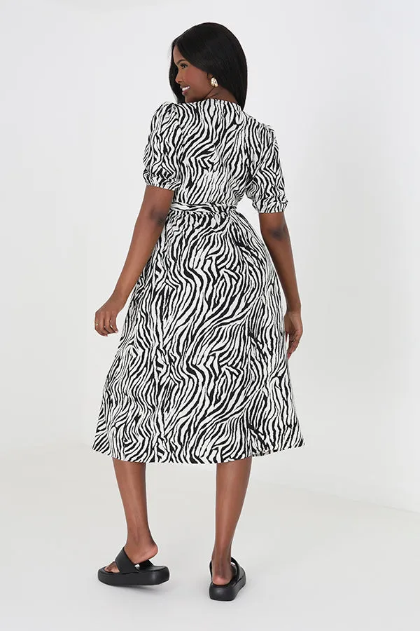 ZEBRA PRINT SHORT SLEEVED MIDI WRAP DRESS